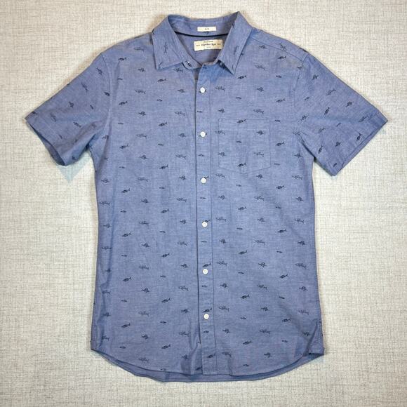 Hawker Rye Short Sleeve Shirt Men's M Tall button down collar fish / shark print - Picture 1 of 8